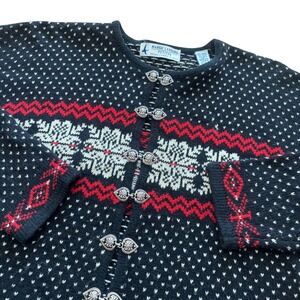 Vtg Marsh Landing Petites Nordic Fair Isle Cardigan Sweater Metal Heart Clasps L
